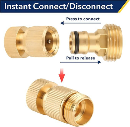 Garden Hose Quick Connector, 3/4 Inch GHT Thread Quick Connect Kit, Solid Brass Water Hose Fittings with Female Adapter and Male Adapter（4pcs）