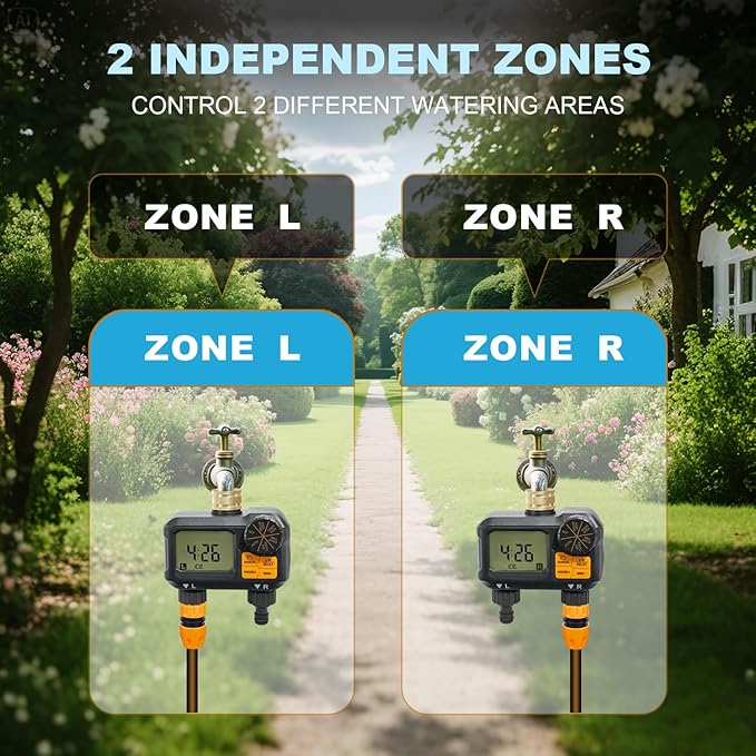 Water Timer for Garden Hose - 2 Zone Timed Sprinkler with Rain Delay/Manual Watering/Automatic Irrigation Programmable Faucet Timer for Yard Lawn