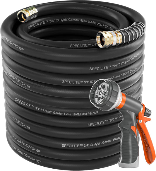 SPECILITE Garden Water Hose 200 ft x 3/4 in Heavy Duty, Flexible and Lightweight, Burst 600 psi, Kink-less Hybrid Rubber Pipe for Backyard, 3/4'' Brass Fittings, Black