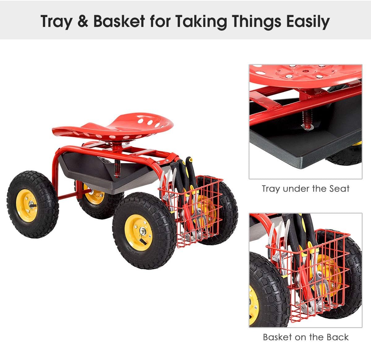 IRONMAX Garden Cart with Seat, Gardening Rolling Stool Scooter w/Wheels, Tool Tray and Basket for Planting, Wheeled Outdoor Gardening Work Seat for Patio, Yard (Red)