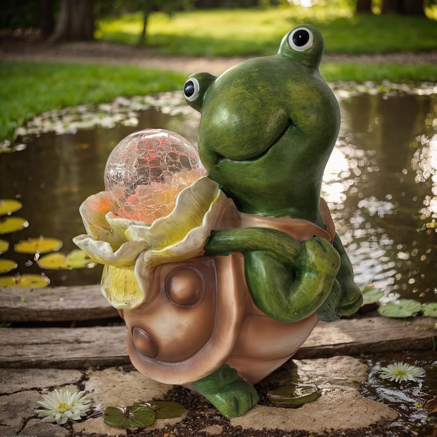 Solar Garden Turtle Statue with LED Light Decorative Cute Turtle Carrying Lantern Design Outdoor Lawn Ornament(Yellow Flower)