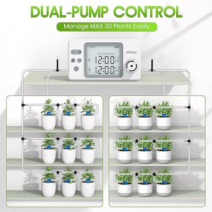 Automatic Watering System Dual Pump for Indoor Plants, Built-in Rechargeable Battery, Two Independent Water Zones, Worry-Free Vacation Drip Irrigation Kit, Water-Saving Smart Plant Waterer, White