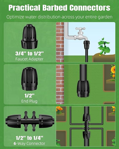 Pawfly 240 ft Drip Irrigation System for Garden, Drip Irrigation Kit with 40ft 1/2" & 200ft 1/4" Tubing Adjustable Emitters Fittings and Accessories, Garden Watering System for Greenhouse Lawn Yard