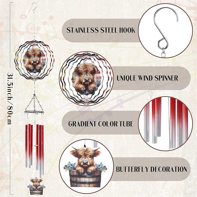 Highland Cow Wind Chimes - Cows Gifts for Women Mom Metal Windchime with Spinners Garden Decor Indoor Outdoor Art Hanging Decoration for Patio Yard Balcony Home Christmas Birthday Gift