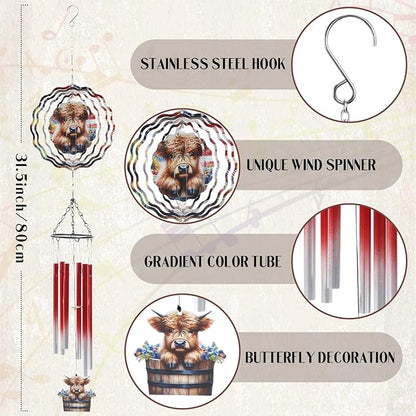 Highland Cow Wind Chimes - Cows Gifts for Women Mom Metal Windchime with Spinners Garden Decor Indoor Outdoor Art Hanging Decoration for Patio Yard Balcony Home Christmas Birthday Gift