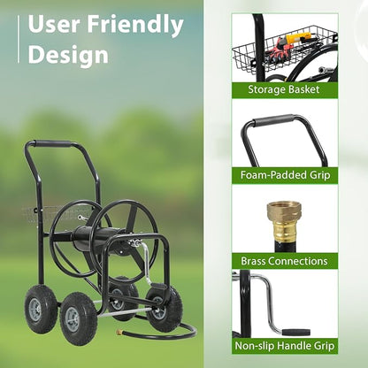 Garden Water Hose Reel Cart Tools with Wheels Garden Lawn Water Truck Water Planting Cart Heavy Duty Outdoor Yard Water Planting Holds 300-Feet of 5/8-Inch Hose with Storage Basket (Black)