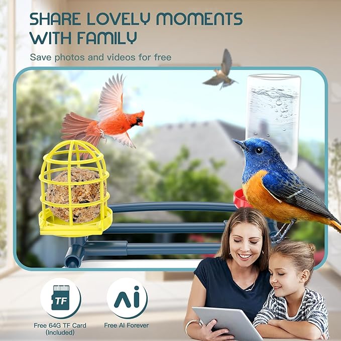 Bird Feeder with Camera-2K HD & Full Color Night Vision, Free AI Forever for 1,1000+ Species Identification, Solar Powered Wireless Outdoor, Includes 64GB TF Card, Two-Way Audio, App Alerts