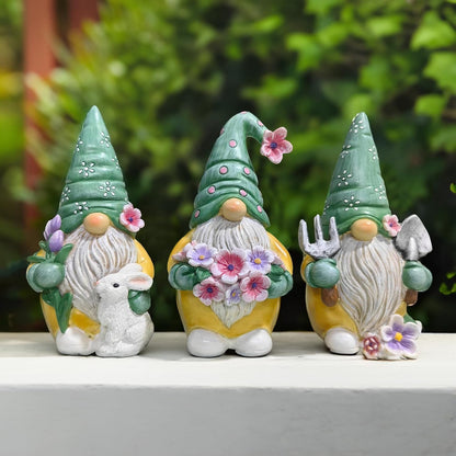 Spring & Summer-Themed Garden Statues – Adorable Outdoor Decor for Lawn, Patio & Porch (Garden Guardians Set of Three 6" Gardening Gnome Figurines, Floral Green and Yellow Statue Decor)