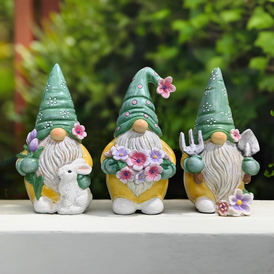 Spring & Summer-Themed Garden Statues – Adorable Outdoor Decor for Lawn, Patio & Porch (Garden Guardians Set of Three 6" Gardening Gnome Figurines, Floral Green and Yellow Statue Decor)