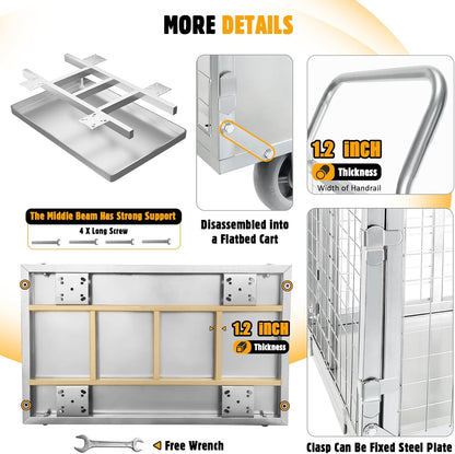 Platform Truck Cart with Cage, Multipurpose 6 in1 Foldable Flatbed Cart Heavy Duty Push Cart Dolly W/Swivel Wheels 2000lbs Capacity Utility Hand Cart for Grocery/Laundry/Stall/Storage