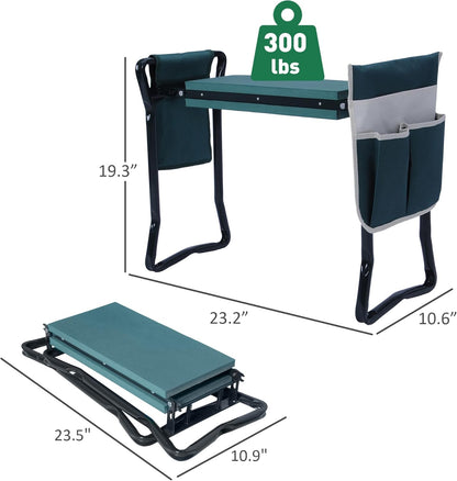 LUCKYERMORE Folding Garden Kneeler and Seat, 2 in 1 Kneeling Pad and Stool with Tool Pouches, Portable Kneeler Seat with Soft Kneeling Pad for Gardening, Outdoor Garden Stool Support Up to 300 lbs