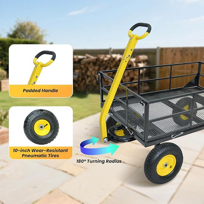 1200 lbs Steel Garden Cart, Heavy Duty Yard Utility Wagon with 10" Pneumatic Tires, Removable Mesh Sides and 180° Rotating Anti-Slip 2-in-1 Convertible Handle