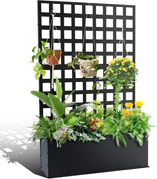 GarveeLife Metal Planter Box with Trellis, 71 in x47 in x12 in Raised Garden Bed with Trellis, Outdoor Garden Box with Privacy Screen & Drainage Holes for Climbing Plants Flower Vegetable, Black