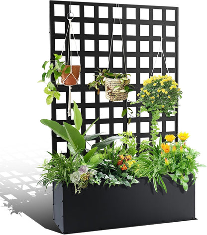 GarveeLife Metal Planter Box with Trellis, 71 in x47 in x12 in Raised Garden Bed with Trellis, Outdoor Garden Box with Privacy Screen & Drainage Holes for Climbing Plants Flower Vegetable, Black