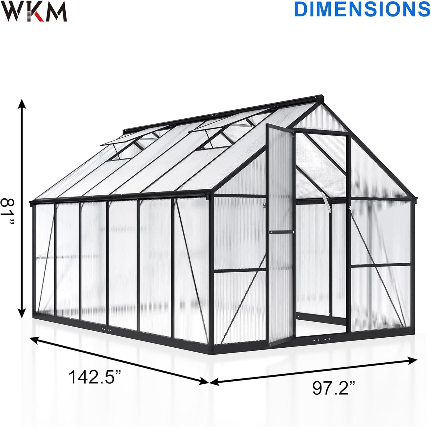 WKM 8x12 FT Greenhouse for Outdoors, Quick-fit Structure Green House with Window for Ventilation, Aluminum Greenhouse for Garden Backyard, Black