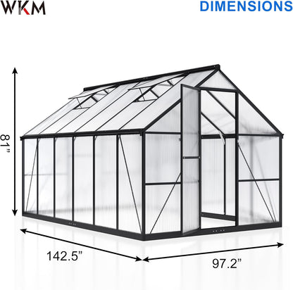 WKM 8x12 FT Greenhouse for Outdoors, Quick-fit Structure Green House with Window for Ventilation, Aluminum Greenhouse for Garden Backyard, Black