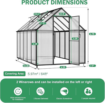 CDCASA 10.3x6.2 FT Greenhouse for Outdoors, Easy Assembly Thicker Aluminum Heavy Duty Polycarbonate Greenhouses Kit w/2 Vent Window, Swing Door, Walk-in Green House for Sunroom Patio,Backyard