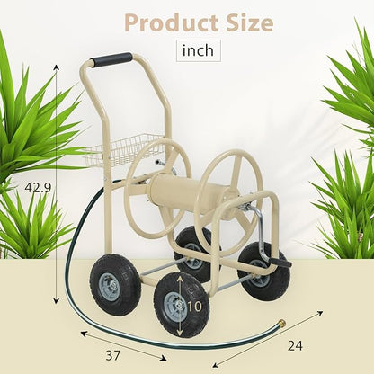 Garden Hose Reel Cart with Wheels Garden Lawn Water Truck Water Planting Cart Heavy Duty Outdoor Yard Water Planting Holds 300-Feet of 5/8-Inch Hose with Storage Basket, Tan