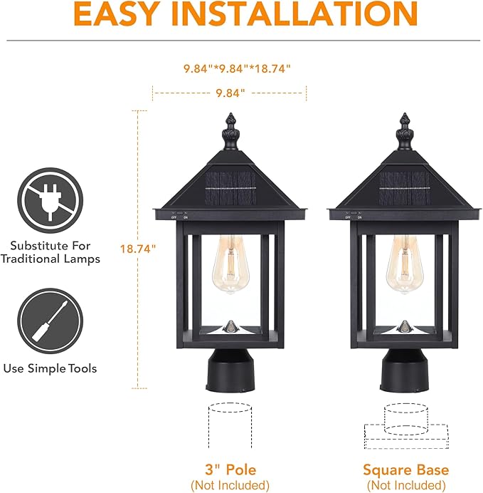 KMC Lighting ST4343Q-B Solar Post Light Outdoor Waterproof Black Aluminum Upgrade 300 LM for Post Lawn Yard Pathway Garden Entryways Decoration