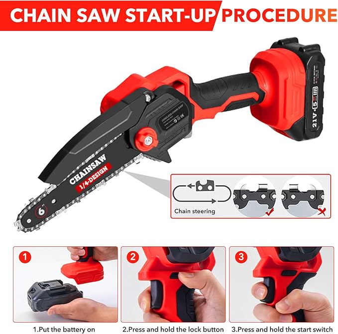 Mini Chainsaw Cordless Portable 6 Inch Handheld Chain Saw with Security Lock Small Electric Chainsaw with 2 Rechargeable Batteries for Wood Cutting Tree Trimming Gardening Camping
