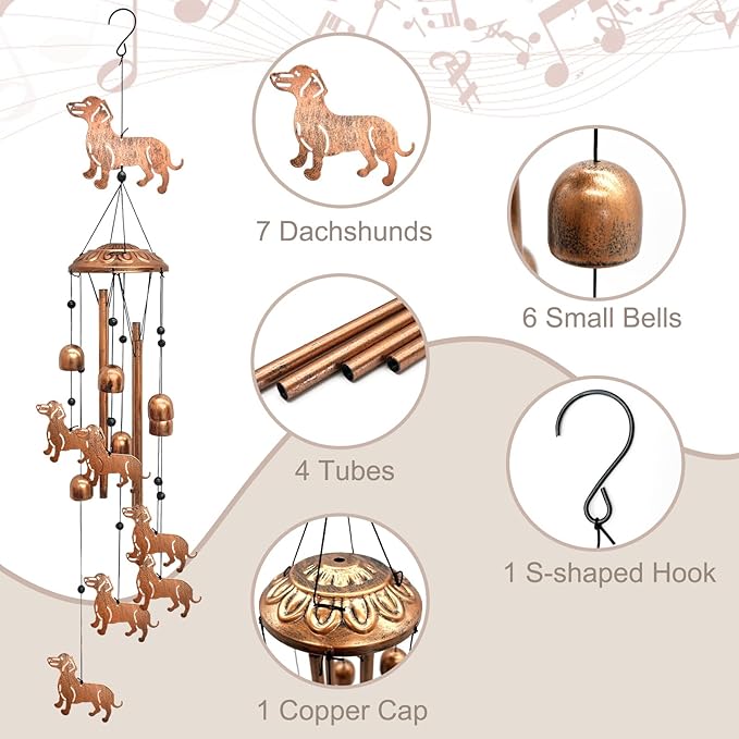 Dachshund Wind Chimes for Outside, Metal Windchimes Outdoors Birthday Gifts for Women Memorial Sympathy Wind Chimes for Patio Garden Yard