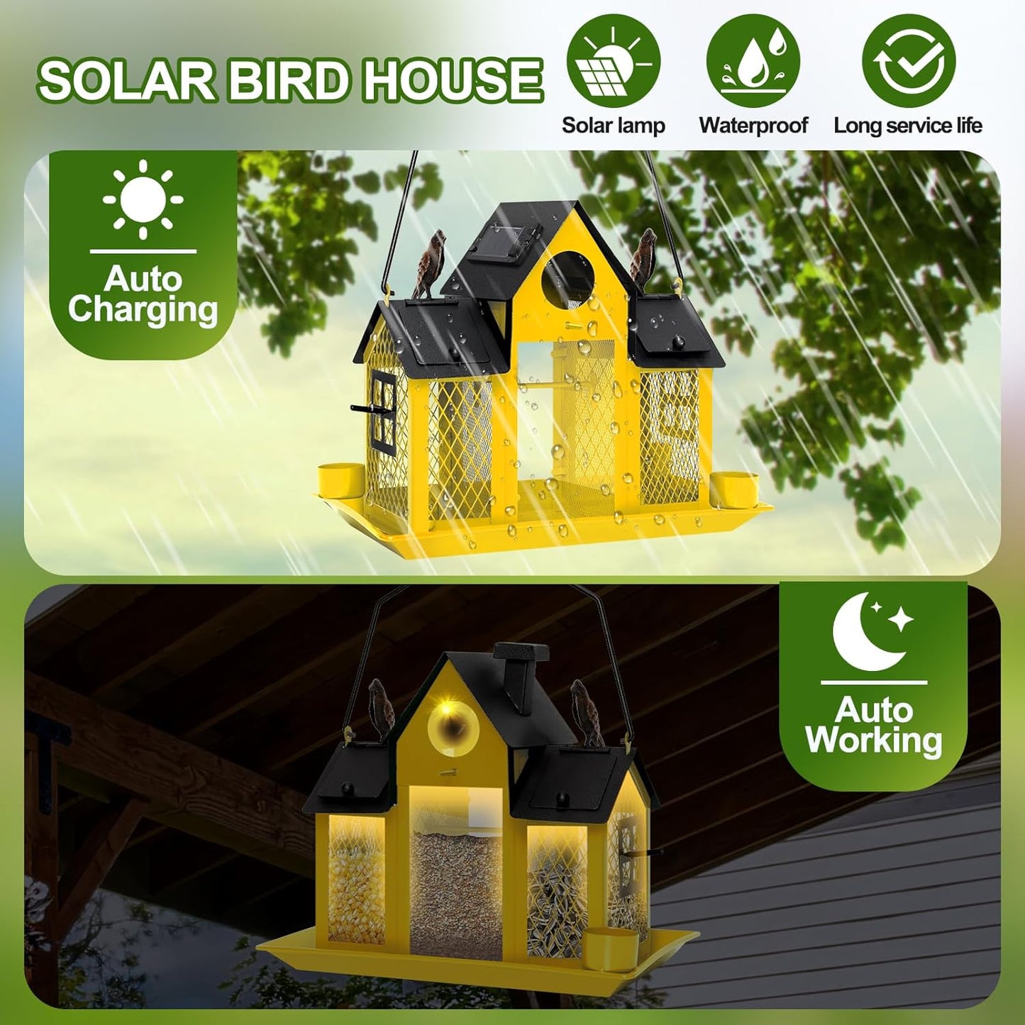 Solar Bird Feeders House for Outdoors Hanging, 7LBS Large Capacity Metal Wild Bird Feeder Squirrel Proof for Outside with Water Cup, Cardinal Birdfeeder Birdhouses Gift for Bird Lovers (Yellow)