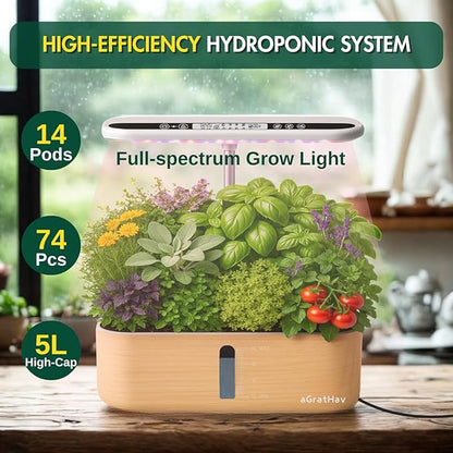 Hydroponics Growing System Kit, Indoor Herb Garden, 14 Pods Upgraded LCD Display, LED Grow Light Quiet Smart Water Pump Automatic Timer, Hydroponic Planter for Home Kitchen Office