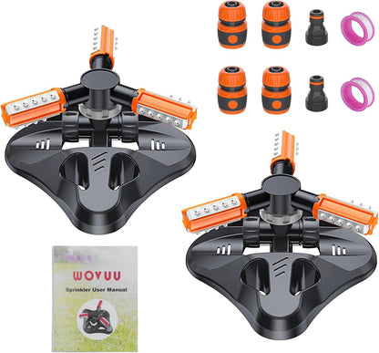 Lawn Sprinkler - Upgraded Automatic 360 Degree Rotating Irrigation System for Garden and Grass - 36 Angle Spray Nozzles - 2 Pack (Orange)