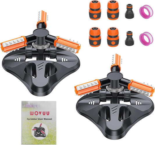 Lawn Sprinkler - Upgraded Automatic 360 Degree Rotating Irrigation System for Garden and Grass - 36 Angle Spray Nozzles - 2 Pack (Orange)