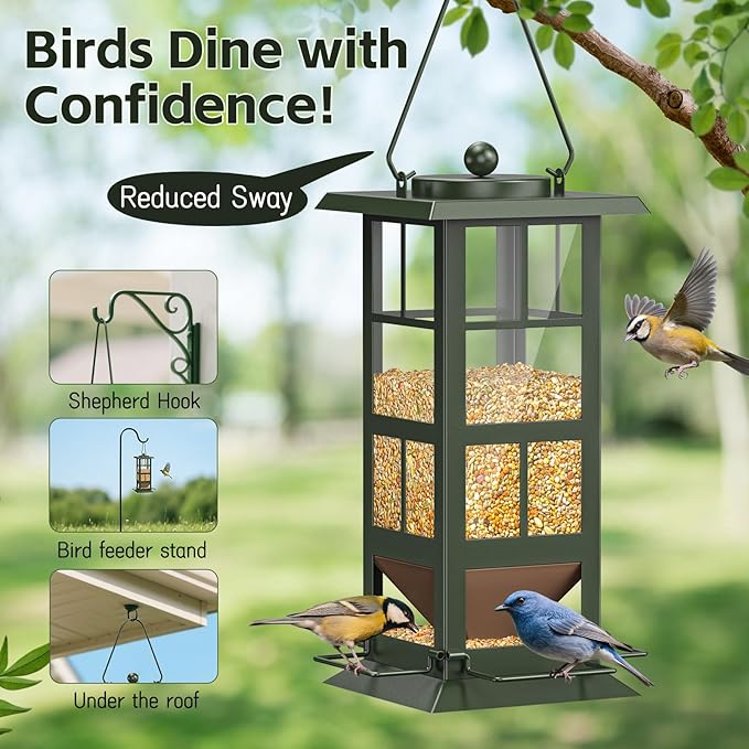 Wildpark Wild Bird Feeders for Outdoors - Small Metal Hanging 4 Port Bird Feeder with Drainage Holes, Easy to Fill Weatherproof Design - Attracts Cardinals, Blue Jays & More