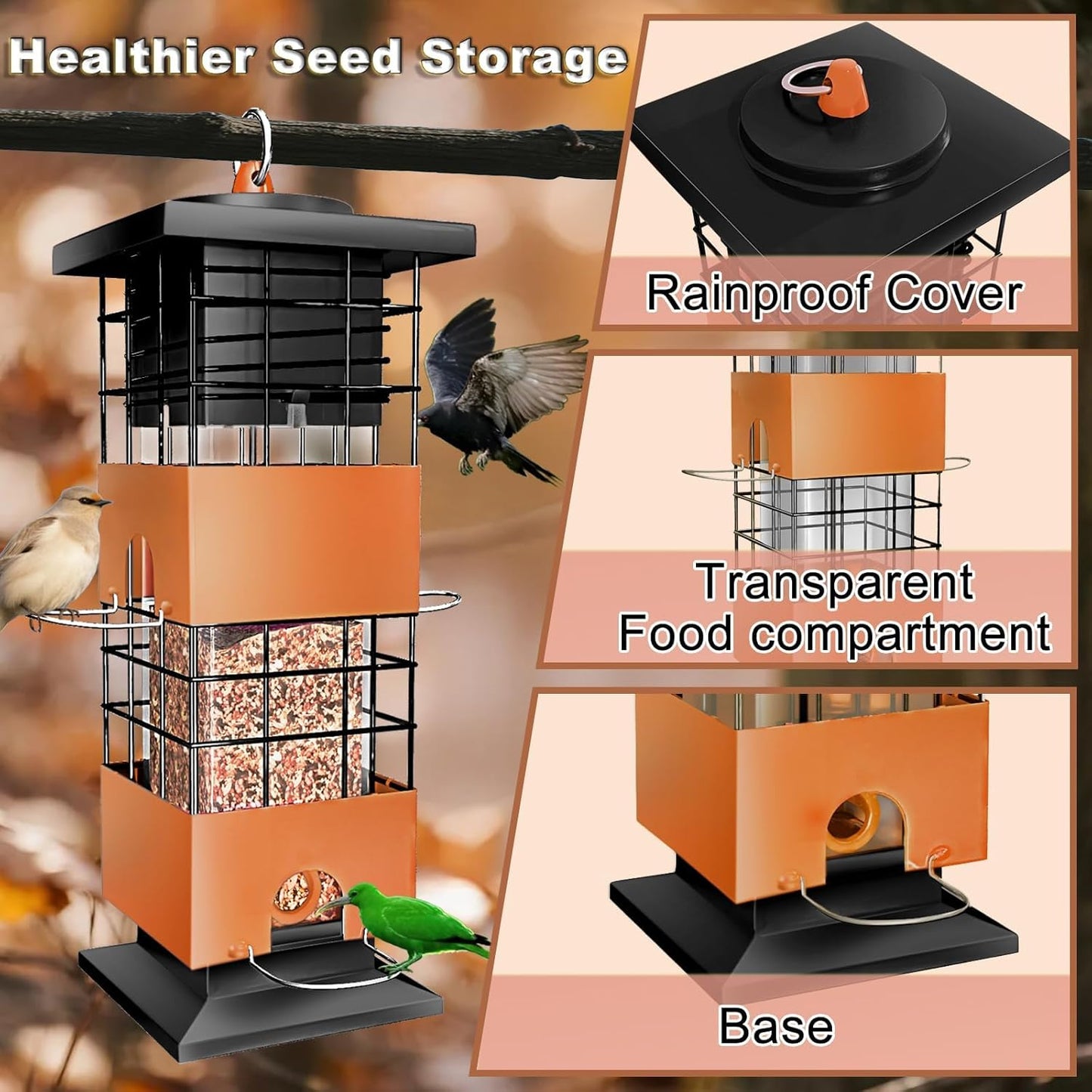 Squirrel Proof Bird Feeders for Outdoors Hanging, Large Capacity 3.5Lbs Bird Feeders with 4 Feeding Ports, Metal Gravity Protection Birds Feeder for Outside, Cardinal, Sparrow, Finch, Brown