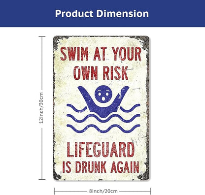 Pool Sign-'Swim at Your Own Risk'-Vintage Metal Funny Metal Signs for Decor Outdoor,Funny Pool Sign for Outside 8x12 Inch