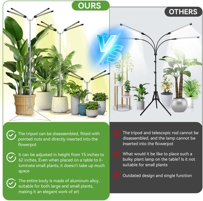 Grow Lights for Indoor Plants Full Spectrum,15-62 Inches Height Adjustable Dsektop and Standing Plant Growing Lamps with Detachable Tripod Stand, Auto On/Off Timer (Full Spectrum, Four Heads)