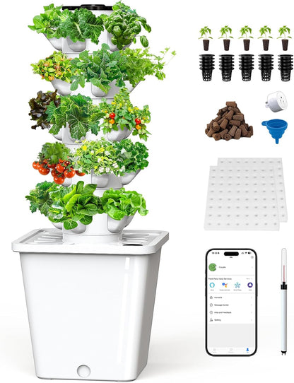 SJZX Hydroponics Growing System Kit, 12L Large Capacity Hydroponic Tower, 5 Tiers Indoor Outdoor Gardening System for Beginner with Water Pump & APP Auto Timer, Vertical Garden Planter Kits (25 Pods)