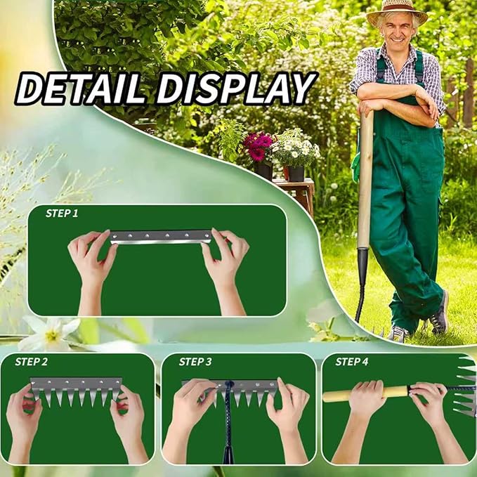 Upgraded Cultivator rake, Spray-Coated Rust-Proof Manganese Steel Weed rake, and 8-Tines Garden Weed Puller Tool with Wooden Handle — All for Lawn and Garden, Ideal gardinia uprooting Tool.
