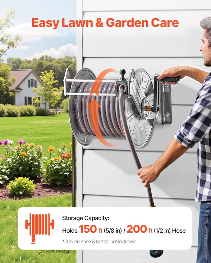 VEVOR Stainless Steel Garden Hose Reel Wall/Floor Mounted, Heavy Duty Manual Hose Winder Holds 150 ft 5/8 in Water Hoses, Outdoor Reel with Brass Fittings & 5 ft Leader Hose for Lawn, Yard, Garage