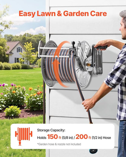 VEVOR Stainless Steel Garden Hose Reel Wall/Floor Mounted, Heavy Duty Manual Hose Winder Holds 150 ft 5/8 in Water Hoses, Outdoor Reel with Brass Fittings & 5 ft Leader Hose for Lawn, Yard, Garage