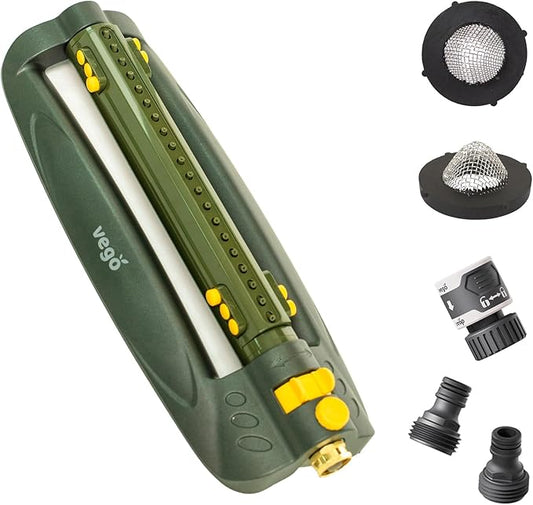 Vego Turbo Oscillating Sprinkler w/Quick Connector Starter Set Metal Base and 20 Precision Nozzles, 3-Way Adjustable for Large Yard and Lawn Covers up to 4973 sq. ft.-Seaweed Green