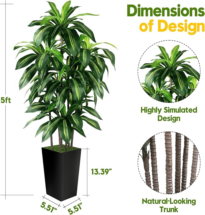 Artificial Dracaena Tree Indoor, 5FT Tall Fake Tree with Black Tall Planter, Artificial Trees Fake Yucca Potted Tree for Home Office Living Room Decor，Tall Artificial Plant for Housewarming