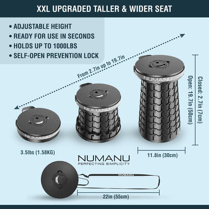 NUMANU 2025 Upgraded XXL Portable Collapsible Stool for Adults, 2.7"-19.7" Height Adjustable Max 1000lbs, Taller & Wider Heavy Duty Portable Seat, Telescoping Retractable Folding Camping Stool