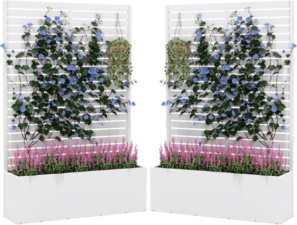 2PCS Metal Planter Box with Trellis,70.9"x47.2"x15.7" Raised Garden Bed with Drainage Holes, Privacy Planters for Outdoor Garden Bed for Climbing Plants,Vegetables,and Vines, White-louvered