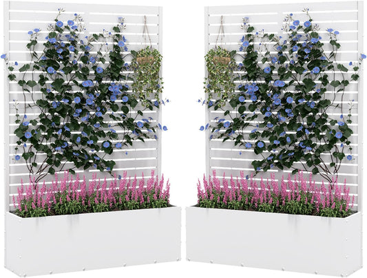 2PCS Metal Planter Box with Trellis,70.9"x47.2"x15.7" Raised Garden Bed with Drainage Holes, Privacy Planters for Outdoor Garden Bed for Climbing Plants,Vegetables,and Vines, White-louvered