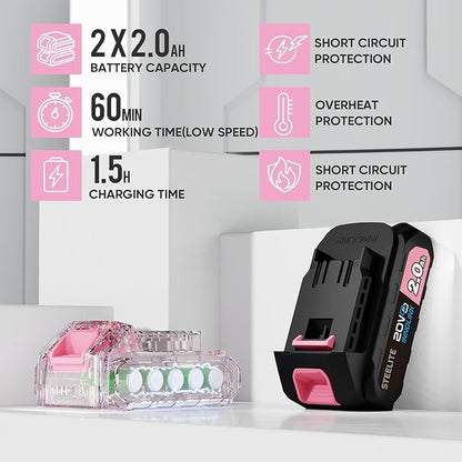 Steelite Leaf Blower Cordless with 2 Battery and Charger, 20V Electric Leaf Blowers, Lightweight Handheld Blower for Lawn Care, Patio, Garden, Pink