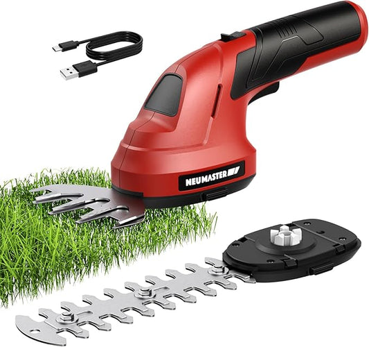 NEU MASTER Cordless Grass Shear, 2-in-1 Handheld Hedge Trimmer, 7.2V Electric Grass Trimmer with Type-C Cable and 2.0Ah Rechargeable Battery, Lightweight Shrubbery Trimmer for Garden Yard Lawn
