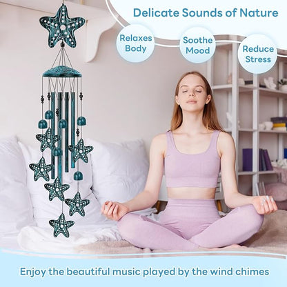 Starfish Wind Chimes for Outside, Large Starfish Gifts for Women, Blue Marine Animal Wind Chime, Metal Starfish Decor, 40" Outdoor Garden Decor for Lawn, Porch, Patio, Yard