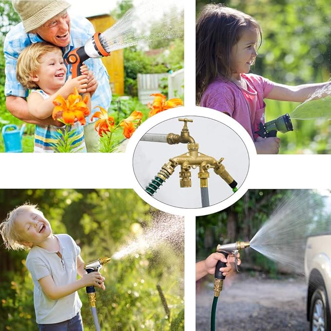 HQMPC 4 Way Hose Splitter 3/4" GHT Garden Hose Splitter 4 Way Solid Brass Hose Connector Heavy Duty Hose Spigot Adapter With 4 Valves 8 Gaskets +2 Seal Tapes