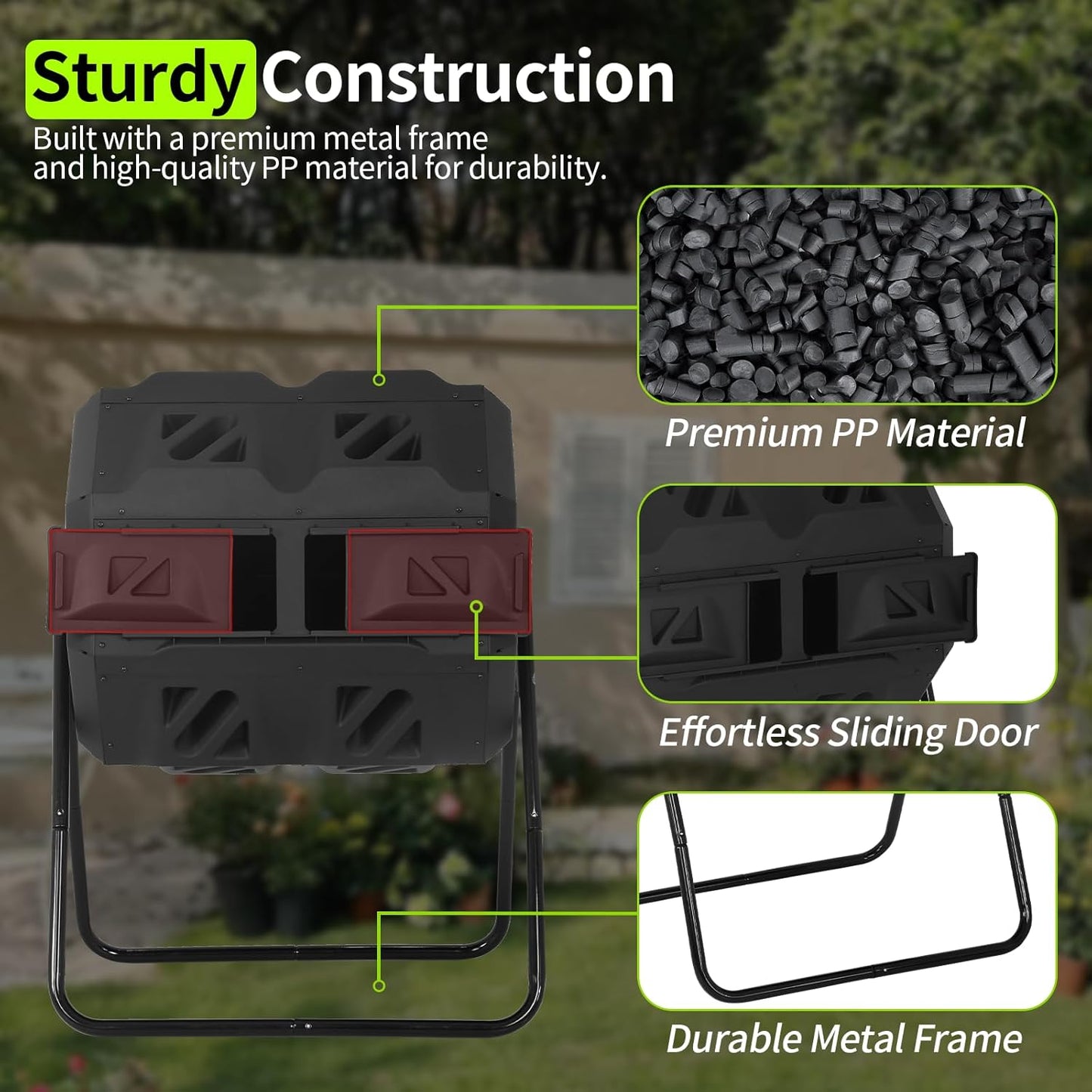 Outdoor Compost Bin 43 Gallon, Dual Chamber Tumbling Composter, Heavy-Duty Composting Bin for Garden, Kitchen, Yard, Kitchen Composter, Compost Bin Outdoor with Sliding Doors (Black)