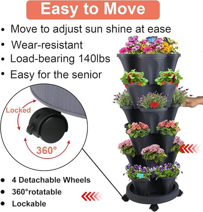 Vertical Planter, 6 Tier Stackable Strawberry Planter with Garden Tool Set, Movable Indoor/Outdoor Garden Herb Pot for Growing Vegetables and Succulents, Dark Gray