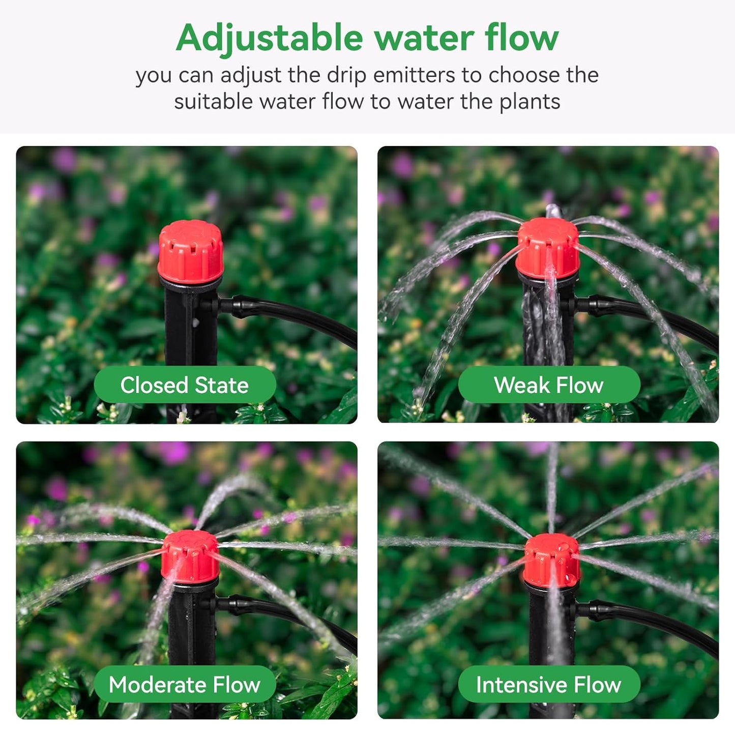 50pcs Drip Emitters for 1/4" Drip Irrigation Tubing, Adjustable 360 Degree Water Flow Drippers on 5" Arrow Stake, Garden Irrigation Drippers for (4-7mm) Watering System