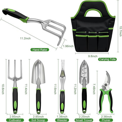 8 Piece Garden Tools, Green Anti-Slip Heavy Duty Gardening Hand Tools. Suitable for Gardeners, Potted Indoor use of Small Garden Tools to Organize with a Handbag